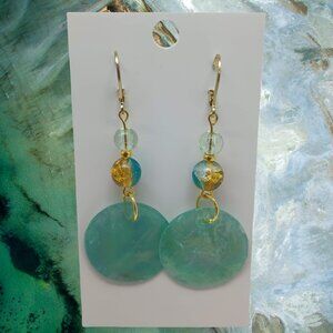 A Slice of the Sea Earrings Iridescent Blue Green Discs w/ Matching Glass Beads